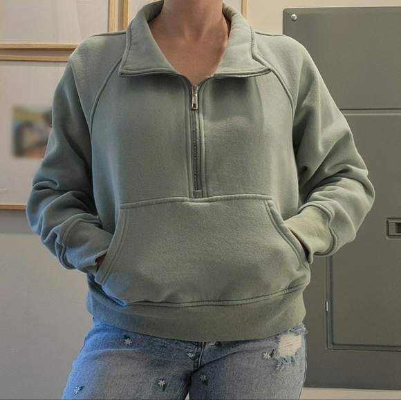 Women's Sage Green Half-Zip Pullover With Pocket - Picture 3 of 9